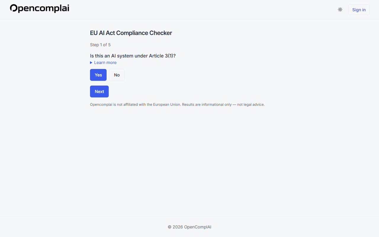 The EU AI Act applicability checker in the Opencomplai app, a step-by-step questionnaire that classifies an AI system's risk tier